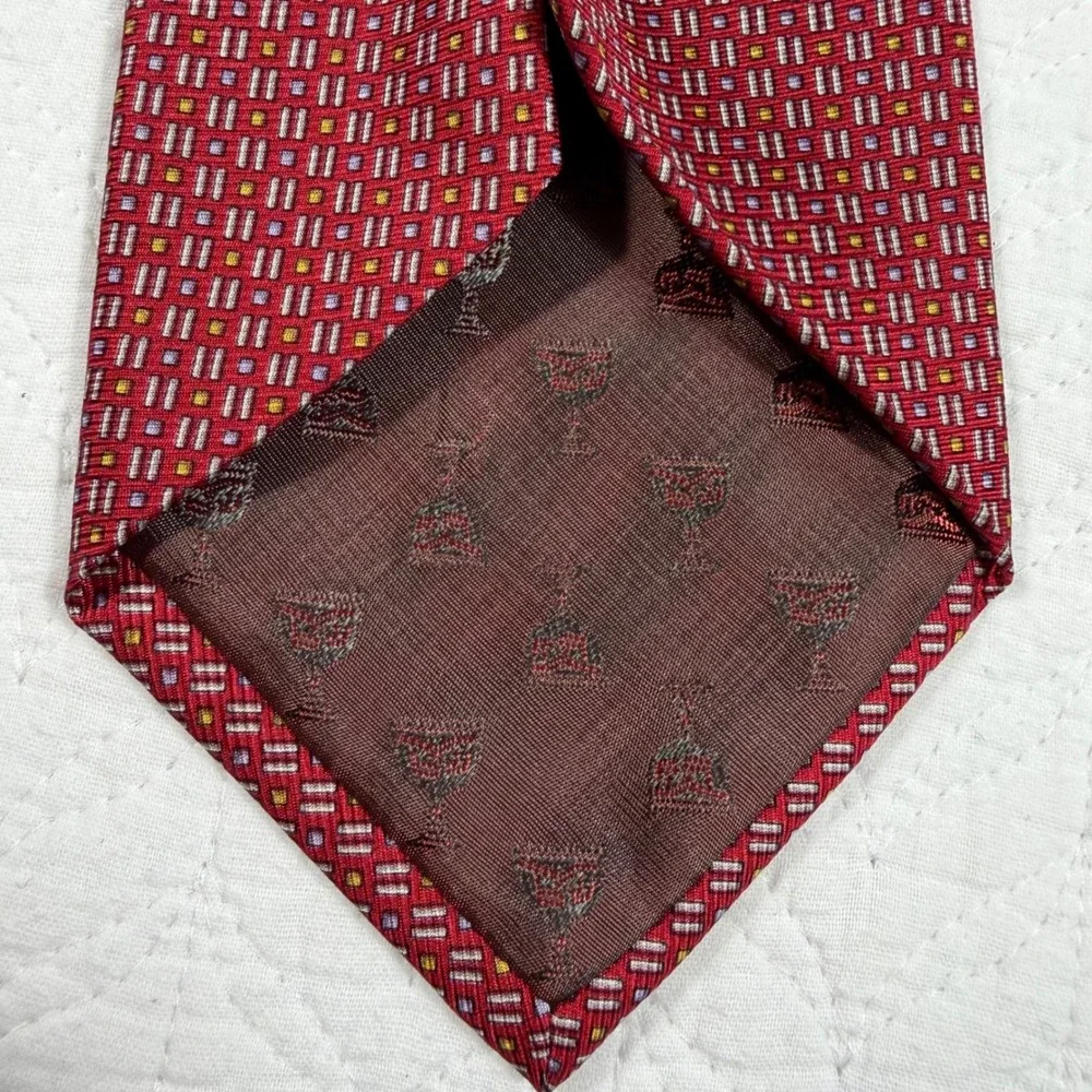 Dion Signature Necktie Men‎ Red Geometric Italian Silk Handcrafted EUC